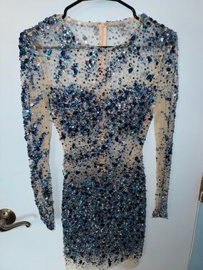 Jovani Nude Mesh Long Sleeve Mini Dress with Blue Sequin Embellishment